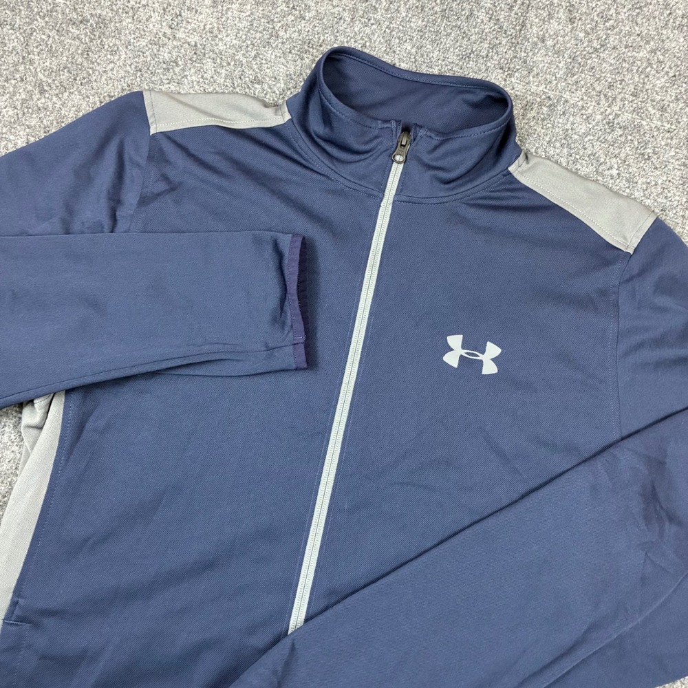 Under Armour HeatGear Mens Large Navy Blue Gray Full Zip Track Jacket Loose Fit